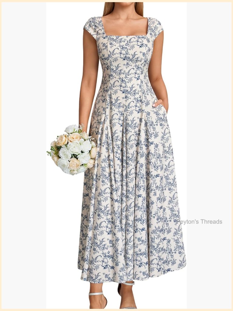 Corset Cap Sleeve Square Neck Lace Up Back A Line Flowy Maxi Dress With Pockets